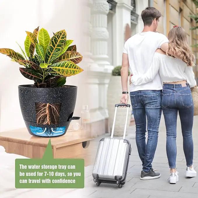 10/9/8 inch Self Watering Pots, Set of 3 Plastic Planters with Mesh Drainage Holes and Deep Reservoir for Indoor Outdoor Garden Plants and Flowers, Black Speckles by GreenHaven Gardens