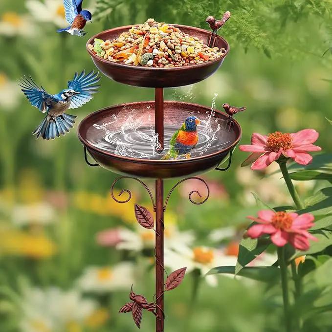 Metal Bird Bath for Outside, 2-in-1 Birdfeeder and Bath, 42 Inch Tall Stand with Hummingbird, Large 12Inch & Small 7.9Inch Bird Bath Bowl, 3 Bird Decor for Garden, Antique Bronze by GreenHaven Gardens