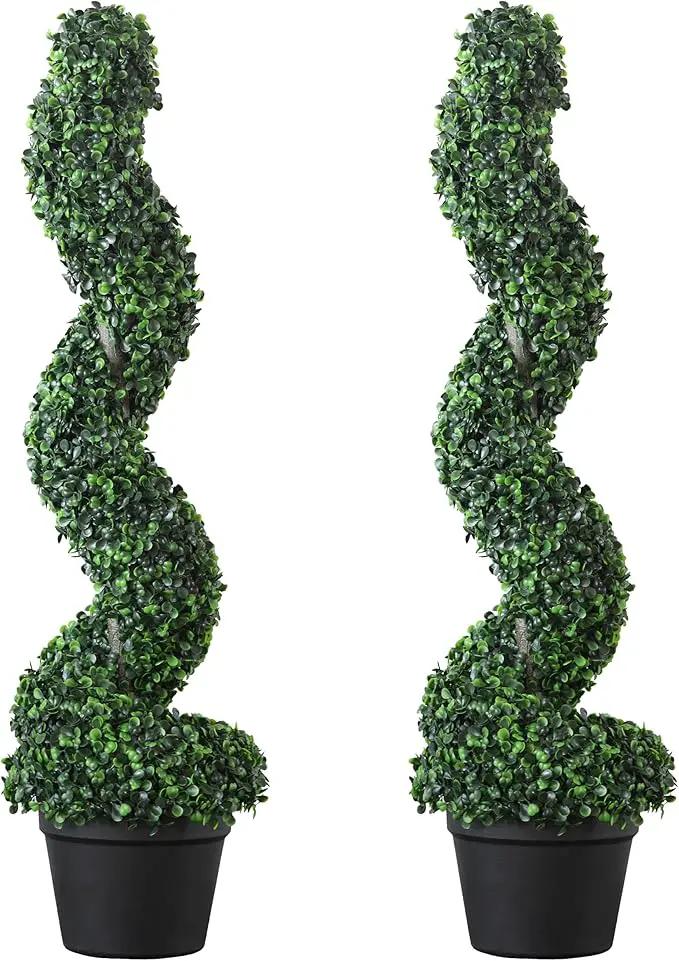 39 inchBoxwood Artificial Cedar Spiral Topiary Trees – Decorative Fake Greenery in Planter Pots for Front Porch, Outdoor Walkway, Entryway Decorating, Set of 2 by GreenHaven Gardens