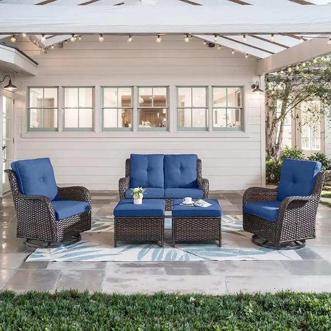 5 Piece Outdoor Patio Furniture Set - Wicker Furniture Patio Conversation Set, Outdoor Swivel Rocker Chairs with Loveseat Sofa and 2 Ottomans for Small Space, Brown Wicker Blue Cushion by GreenHaven Gardens