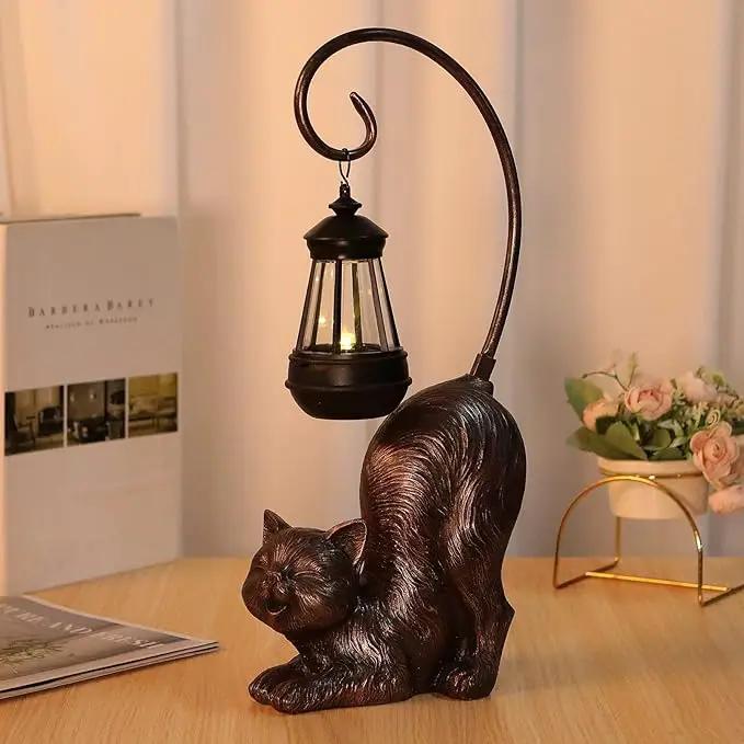 Laughing Cat Figurine with Solar-Powered LED Light, 15.7 Inches Tall Antique Bronze, Perfect for Gift Garden Decor or Housewarming for Cat Lovers. by GreenHaven Gardens