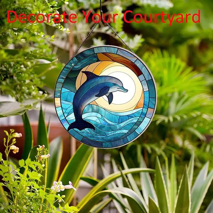 Dolphin Pattern Suncatcher Stained Glass,Hanging Stained Glass for Windows,20cm/7.87inch Hand-Painted Sun Catcher Garden Hangings Painted Glass Panel Decor Themed Gift by GreenHaven Gardens