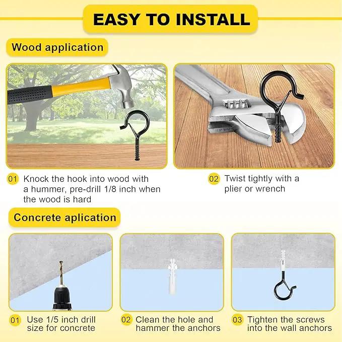 Hooks for Outdoor String Lights, 20 Pack Cup Screw Hooks for Hanging Plants Fairy Led Party Christmas Lights Garage Wind Chimes Black Q Hanger with Safety Buckle Design Easy to Release by GreenHaven Gardens