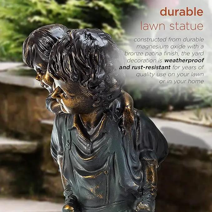 Alpine Corporation 16" Tall Indoor/Outdoor Patina Finish Piggyback Kids Yard Statue Decoration by GreenHaven Gardens