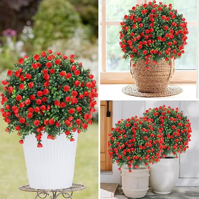 Artificial Red Rose Topiary Ball Tree 25" with Ground Spike, Set of 2 Artificial Boxwood Bushes for Faux Shrubs, Fake Evergreen Faux Plant for Indoor Outdoor Porch Garden -UV Resistant–Fade-Proof by GreenHaven Gardens