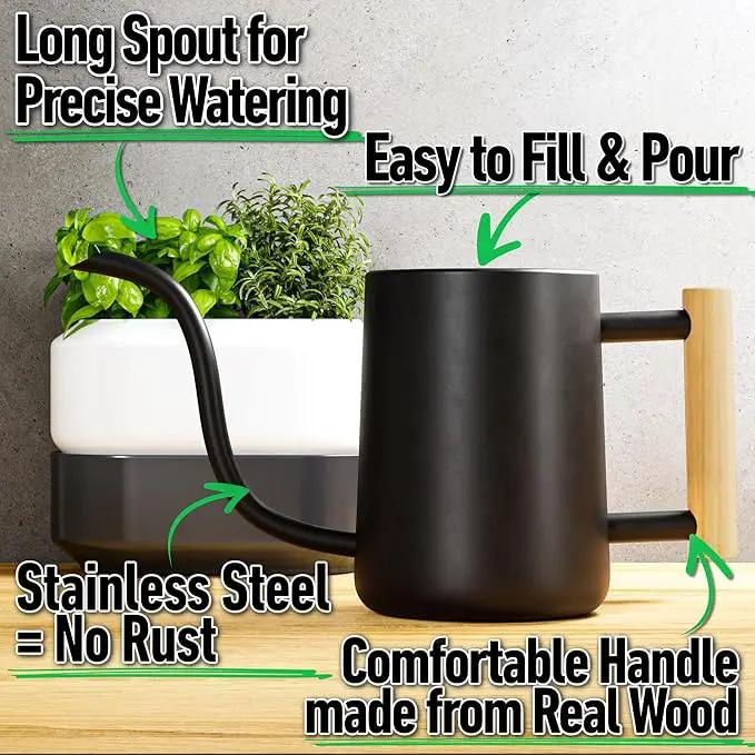35 Ounce Metal Small Indoor Watering Can with Long Spout & Real Wood Handle for House Plants, Succulents, Cacti & Seedlings - Black Long Spout Watering Can Indoor Plants - Gentle Flow & No Spills by GreenHaven Gardens