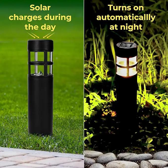 TECHKO Solar Mini-Bollard Cylinder Pathway Lights – 4-Pack, Dusk-to-Dawn, Weather-Resistant Outdoor LED Lighting by GreenHaven Gardens