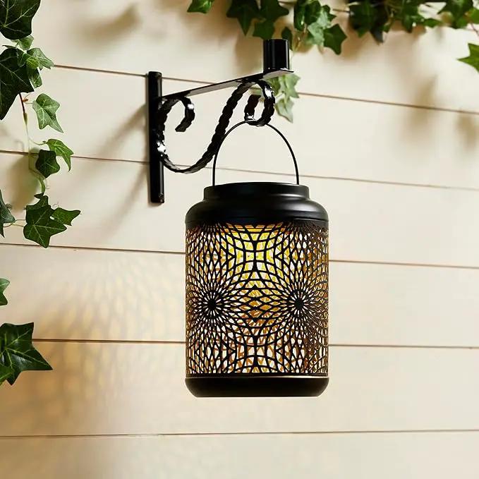 Glitzhome Solar Lantern Black Metal Cutout Scrollwork Outdoor Hanging Solar Light with Handle for Garden Patio Yard Outdoor Decor by GreenHaven Gardens