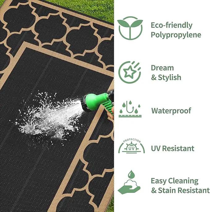 GENIMO 6' x 9' Outdoor Rug Waterproof for Patio Decor, Foldable Reversible Plastic Straw Area Rugs Mat for Camper, Outside Carpet for Rv, Deck, Porch, Picnic, Beach, Balcony, Black & Brown by GreenHaven Gardens