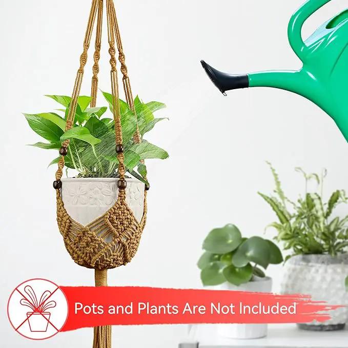 USLAI Macrame Handmade Basket Plant Hanger (2-Pack), for 3-8 Inch Pots, Indoor Outdoor Strong Hanging Planter Flower Pot Holder with Beads and Tassels, Boho Home Decor (POTS NOT Included) (Brown) by GreenHaven Gardens