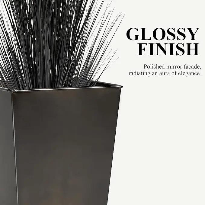 WORTH Garden 25" Large Metal Glazed Planter Set of 2, Luxurious Glossy Finish Black Tall Square Tapered Steel Plant Pots, Decor Flower Pot Indoor & Outdoor, Drainage Hole & Dual-Purpose Plant Saucer by GreenHaven Gardens