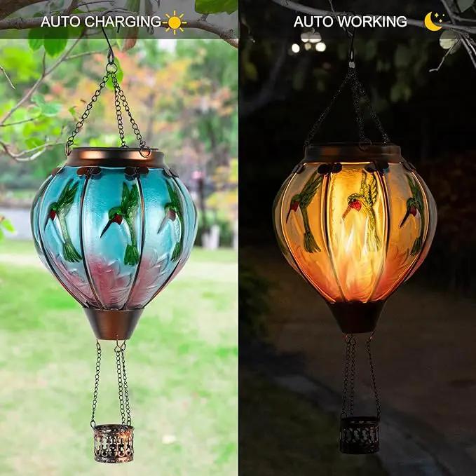 Hummingbird Hot Air Balloon Hanging Solar Lantern Lights, Flickering Flame Solar LED Candle Lights Outdoor Garden Decorative Metal & Glass Waterproof Lanterns for Yard Patio Farmhouse Decoration by GreenHaven Gardens