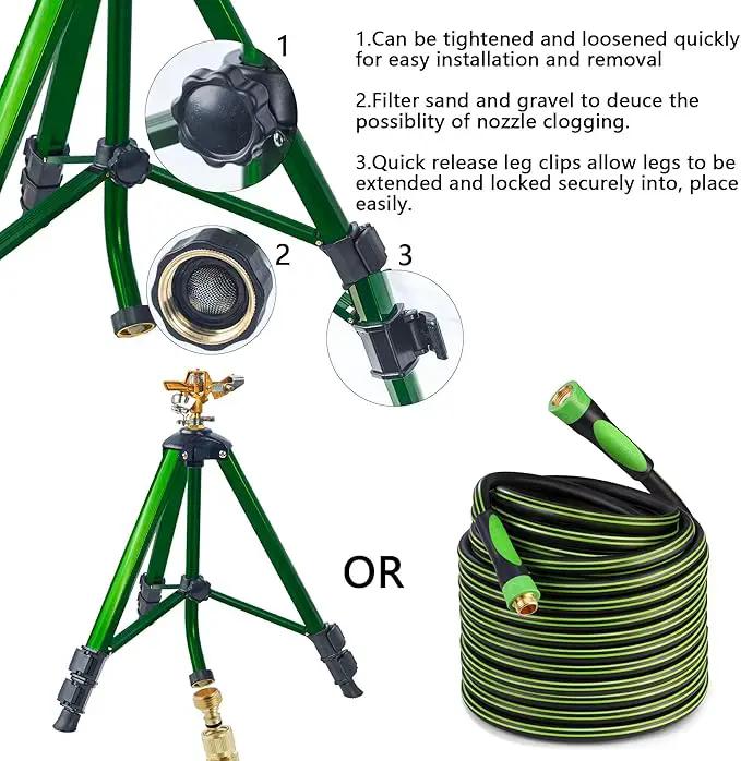 Impact Sprinkler on Tripod Base, Heavy Duty Adjustable Zinc Sprinkler Head for Lawn Yard Garden, 360 Degree Large Area Irrigation, 3/4" Connector Extension Legs Flip Locks, 2 Pack by GreenHaven Gardens