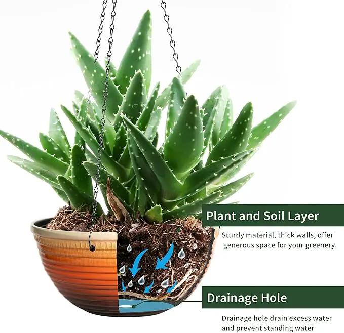 12 inch Hanging Planters for Indoor Outdoor Plants, 2 Pack Large Hanging Flower Pots with Drainage Holes and Chain, Glazed Hanging Baskets for Home Garden Decoration, Orange by GreenHaven Gardens