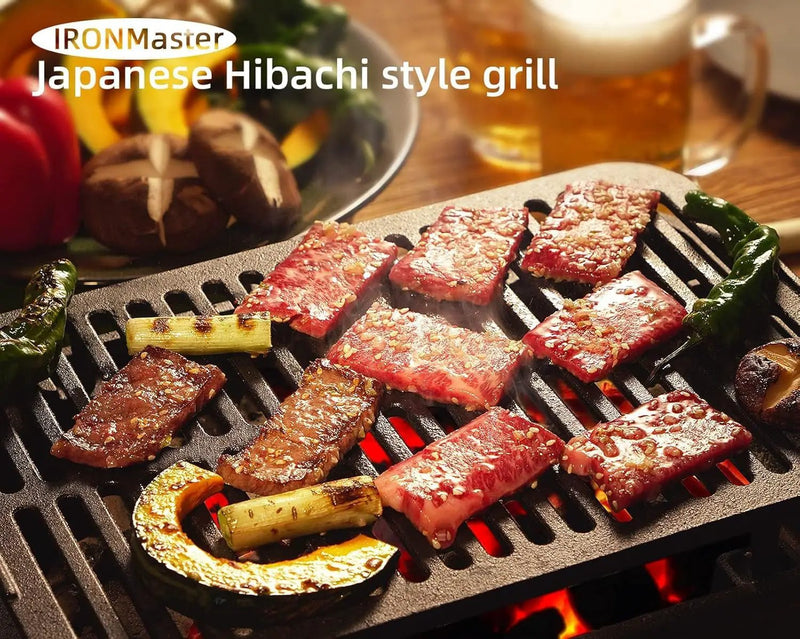 IronMaster Hibachi Grill Outdoor, Small Portable Charcoal Grill, 100% Pre-Seasoned Cast Iron, Japanese Yakitori Camping Grill - 2 Heights, Air Control, Coal Door + Carrying case by GreenHaven Gardens