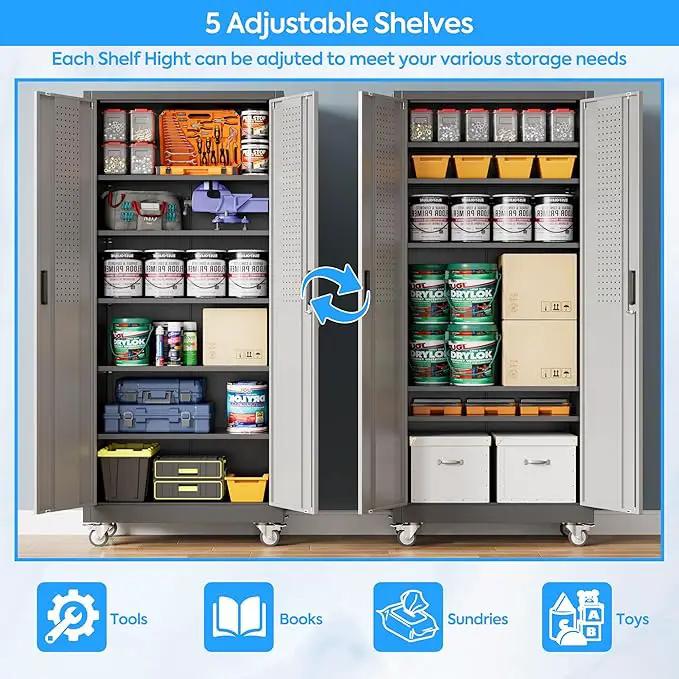 71" H×32" W×16" D Garage Storage Cabinet with Wheels & Pegboard, Locking Metal Storage Cabinet with Doors and 5 Adjustable Shelves & & 4 Hooks for Garage Warehouse Home Office, Black and Gray by GreenHaven Gardens
