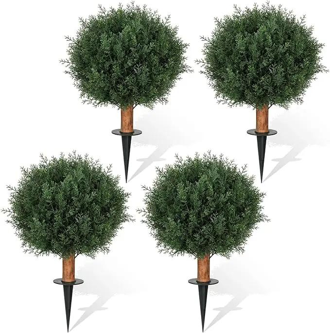 Artificial Cedar Topiary Ball Trees with Ground Spike, 24.6 inche Tall UV-Resistant Fake Outdoor Plants Evergreen Shrubs, Realistic Faux Pine Bushes for Front Porch Home Patio Garden, Set of 4 by GreenHaven Gardens
