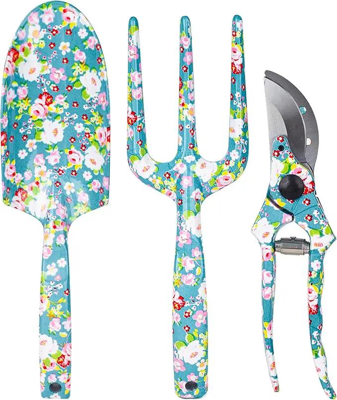 Garden Tool Set Gardening Hand Tools Kit, Floral Sturdy Garden Gifts, 4 PCS Heavy Duty Shovel Kit Including Trowel, Sharp Pruner, Hand Rake, and Mat (Blue Set) by GreenHaven Gardens