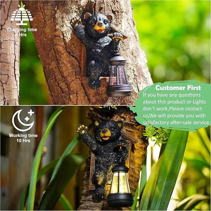 Black Bear Decor with Solar Lantern Tree Hugger - 7 Inch Bear Statue Outdoor Garden Yard Decor,Best Bear Garden Gifts for Mom,Women by GreenHaven Gardens