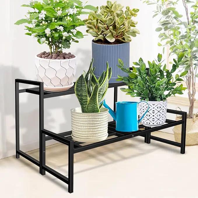 Plant Stand Indoor Outdoor, 2-Tier Wrought Iron Plant Stands, Stackable Metal Plant Shelf Decorative Outdoor Flower Stand Heavy Duty Pedestal Stands for Garden Deck Living Room, Black by GreenHaven Gardens