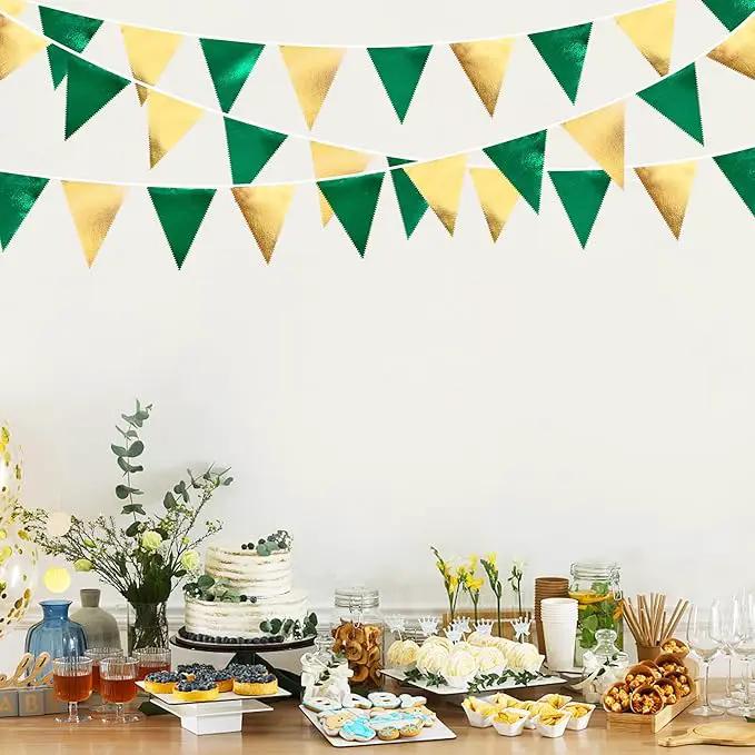 Green Gold Party Decorations Metallic Fabric Triangle Pennant Banner Flag Bunting Garland for Graduations Birthday Retirement Wedding Baby Shower Spring Summer Master Golf Theme Outdoor Party Supplies by GreenHaven Gardens