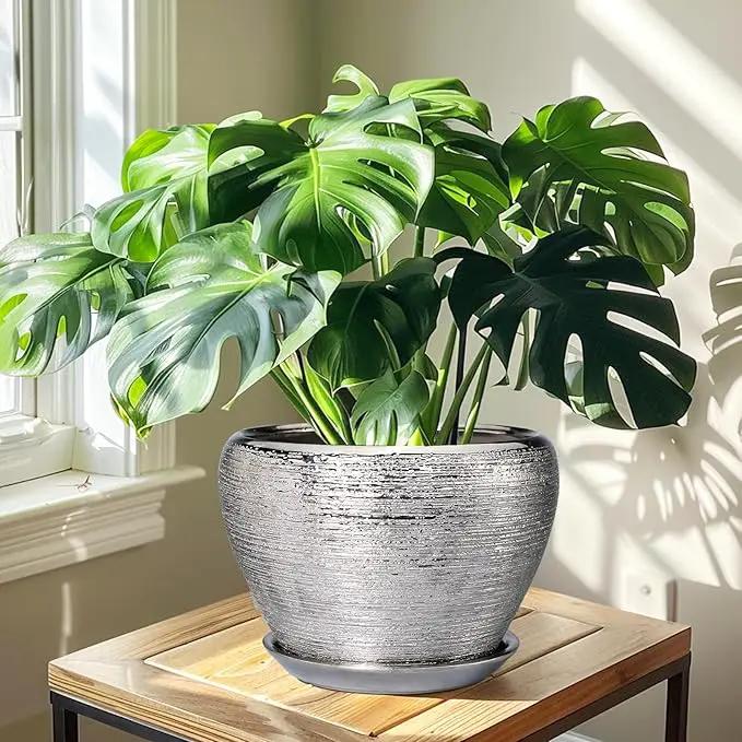 Flower Pot for Indoor Plants - Ceramic Planter 10 Inch Plant Pot with Drainage Hole and Saucer Large Decorative Planter Outdoor Mid-Century Planter for House Silver by GreenHaven Gardens