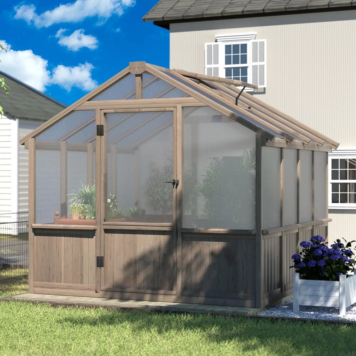 8x8 FT Greenhouse Kit for Outdoor, 6MM Thick Polycarbonate Panel Wooden Walk-in Green House with Lockable Door and Adjustable Roof Vent, Backyard Garden, Light Mocha Brown by GreenHaven Gardens