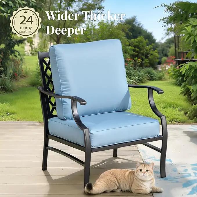 Patio Furniture Set with Fire Pit Table, 5 Pcs Metal Outdoor Conversation Set, 4 Single Chairs with 5.75" Extra Thick Cushion and 28" Fire Pit Table for Backyard Deck, Blue by GreenHaven Gardens