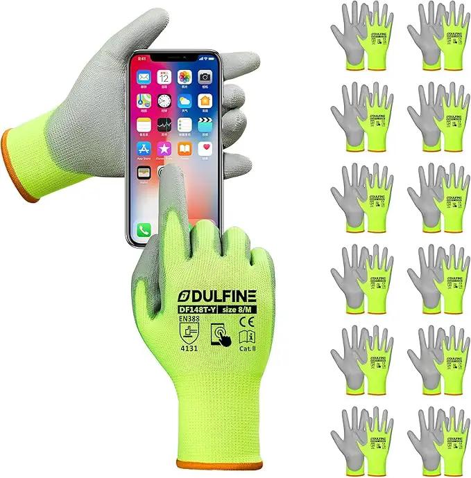 DULFINE Safety Work Gloves PU Coated for Men and Women-12 Pairs,Hi-Vis Seamless Knit Glove with Two Fingers Touchscreen,Ideal for General Duty Work (Medium) by GreenHaven Gardens