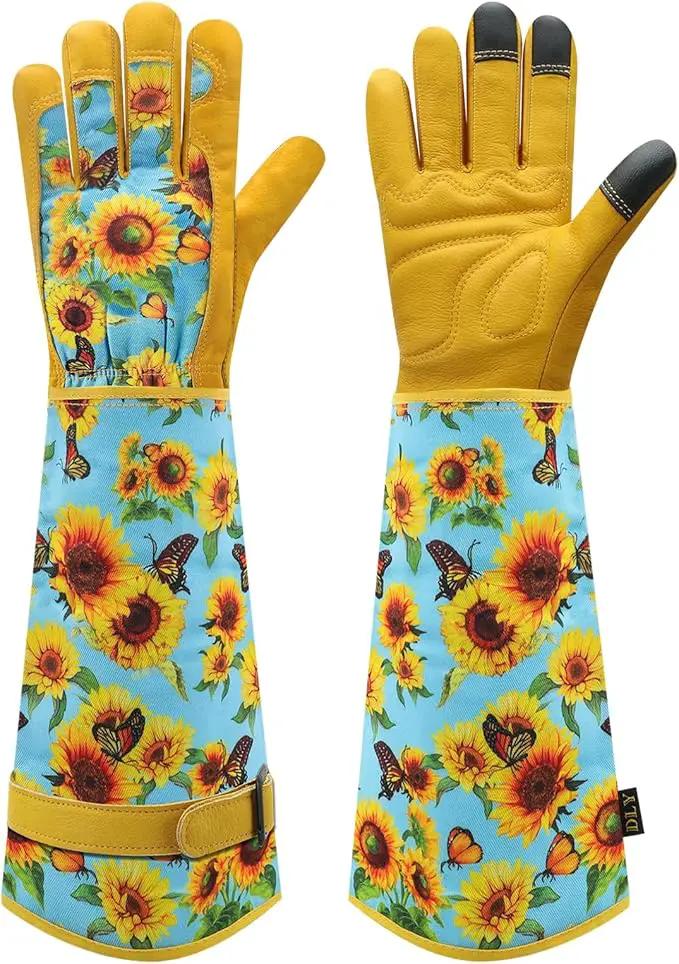 DLY Gardening Gloves for Women, Rose Gloves Gardening Thorn Proof, Long Garden Gloves for Women, Breathable Cowhide Leather Gauntlet (Medium, Blue) by GreenHaven Gardens