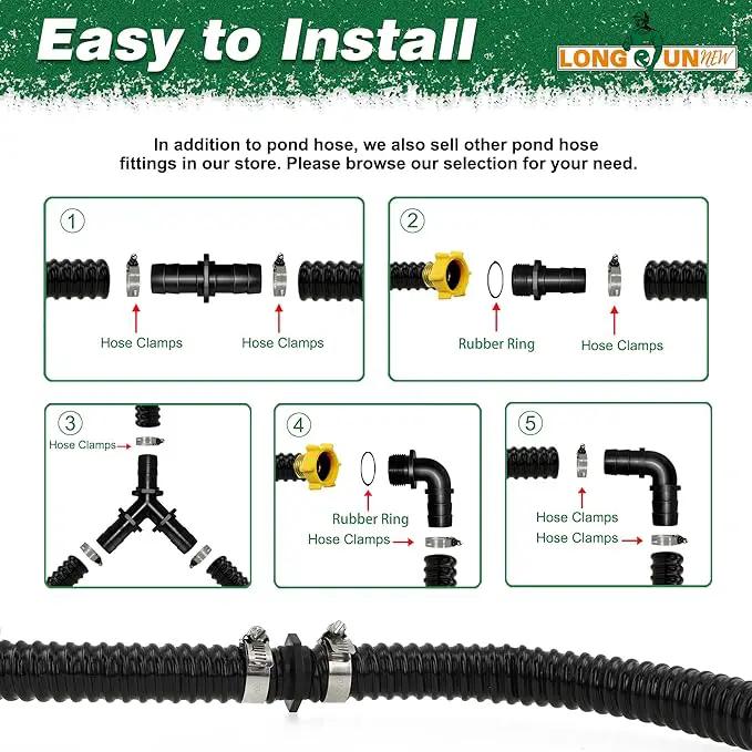 1" Dia. Corrugated Pond Tubing 1-Inch ID, 20.6 FT Length, Black PVC Kinkproof Strong Flex Tubing with Pipe Fittings, Aquarium, Pond Waterfall, Garden Pond Pump Drainage Tube by GreenHaven Gardens