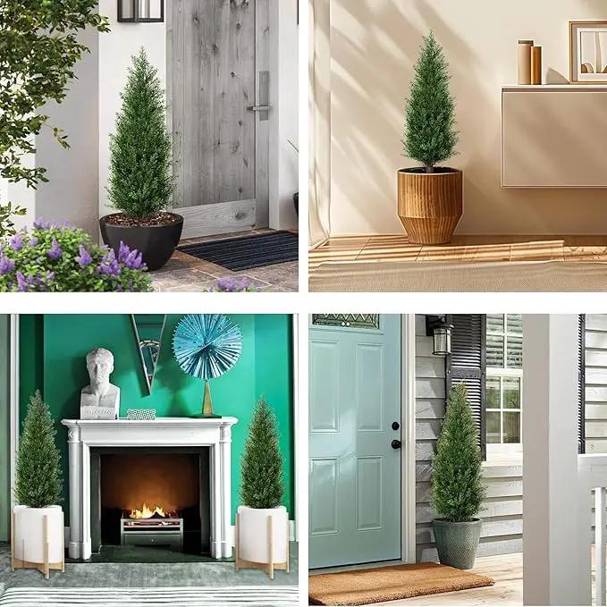 3FT Artificial Cedar Topiary Trees with Ground Spike, Set of 2 UV Resistant Fake Evergreen Bushes Shrubs Trees Artificial Plants Realistic Faux Cypress Plants for Indoor Outdoor Front Porch Garden by GreenHaven Gardens