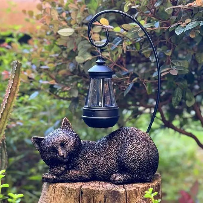 Cat Statue with Light Lantern Outdoor Garden Decor, Sleeping Cat Figurine with Solar-Powered LED Light, 13 Inches Tall Antique Bronze, Perfect for Gift Garden Decor or Housewarming for Cat Lovers by GreenHaven Gardens