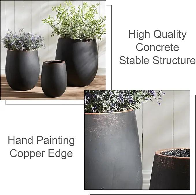 15.5" H Outdoor Concrete Planter, Round Flower Pot with Drainage Hole and Silicone Plug, Plant Container for Garden, Patio, Home, Office, Black, Copper Rim, 1 Pack by GreenHaven Gardens