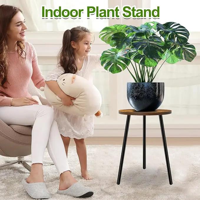 Plant Stand Indoor, Modern Plant Stands for Indoor Plants, Single Flower Stand with Round Wooden Board for Living Room, Balcony, Deck by GreenHaven Gardens