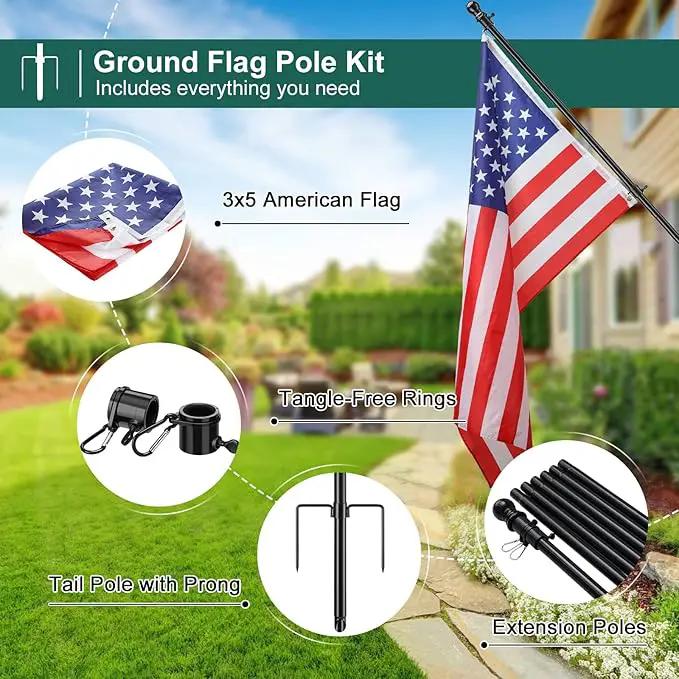 2 Pack Ground Flag Pole for Outside House - 8.5 FT Tangle Free Heavy Duty Flag Pole Kit with Windproof Stand,Outdoor Inground Flag Holder for Yard Garden, Includes Bonus 3x5 American Flag,Black by GreenHaven Gardens