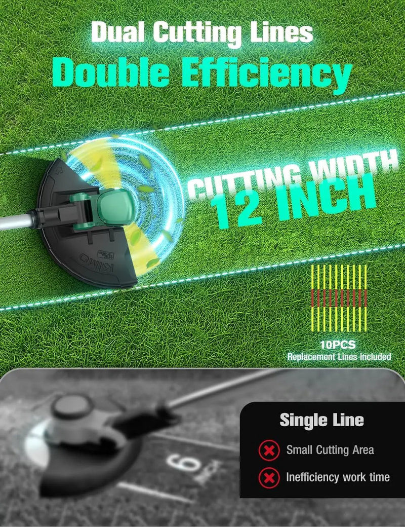 KIMO Cordless Weed Wacker Battery Operated w/ 2 x 2.0Ah Batteries, 2-in-1 String Trimmer & Edger with Charger & Wheels, 10Pcs Cutting Lines, 12" Dual-Sided Cutting Line, 20V Weed Trimmer for Lawn Yard by GreenHaven Gardens