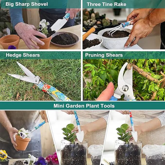 Garden Tool Set, Stainless Steel Heavy Duty Gardening Tools 30 PCS w/Floral Print, Trowel Rake Weeder Pruner Shears Sprayer Digging Claw Gloves, Ideal Gardening Set for Women by GreenHaven Gardens