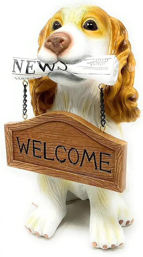 Nature's Mark Cocker Spaniel Dog Puppy Statue with Reversible Welcome Sign and Go Away Sign Resin Garden Decor 12" H by GreenHaven Gardens