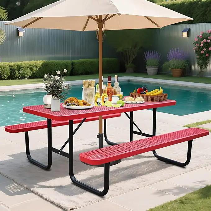 6FT Metal Picnic Tables for Outdoors, Commercial Rectangular Picnic Table and Bench Set for Outside, Patio, Garden, Backyard, Porch, Surface Mount, Red by GreenHaven Gardens