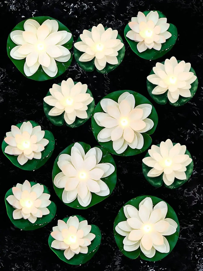 Hortsun 12 Pcs Floating Lotus Lights with Batteries Lily Pads Pool Flowers Diwali Pooja Decorations Floating Candles Decor for Pool Pond Outdoor Indoor(3.94/5.91 Inch,White) by GreenHaven Gardens
