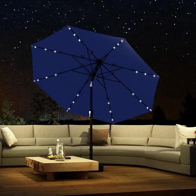 Kingdura 9ft 3-Tier Patio Umbrella with Solar Lights, Table Umbrella Outdoor Patio with Easy Crank & Tilt, 8 Sturdy Ribs, UV Protection, 32 LED Lights for Deck, Poolside, Market (Navy blue) by GreenHaven Gardens