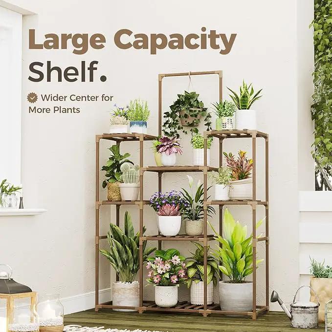 Bamworld Plant Stand Indoor Outdoor Large Plant Shelf Tall Hanging Plant Holder Wood Flower Stand for Window Living Room Garden Balcony Home Decor Flower Patio 3 Tiers by GreenHaven Gardens