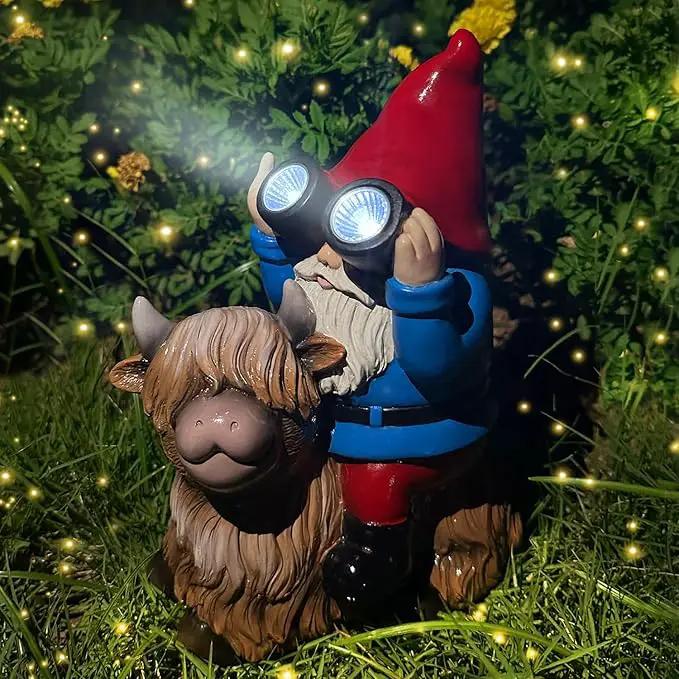 Gnome Garden Statue Solar Lights Outdoor Binoculars on Highland Cow,Birthday Gifts for Women/Men, Housewarming Gifts,Outdoor Decor for Balcony,Garden,Patio,Yard,Lawn(Cow Gnome) by GreenHaven Gardens