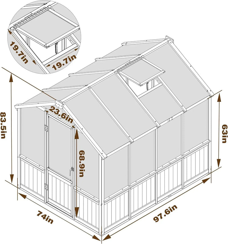 6x8 FT Greenhouse Kit for Outdoor, 6MM Thick Polycarbonate Panel Wooden Walk-in Green House with Lockable Door and Adjustable Roof Vent, Backyard Garden, Light Mocha Brown by GreenHaven Gardens