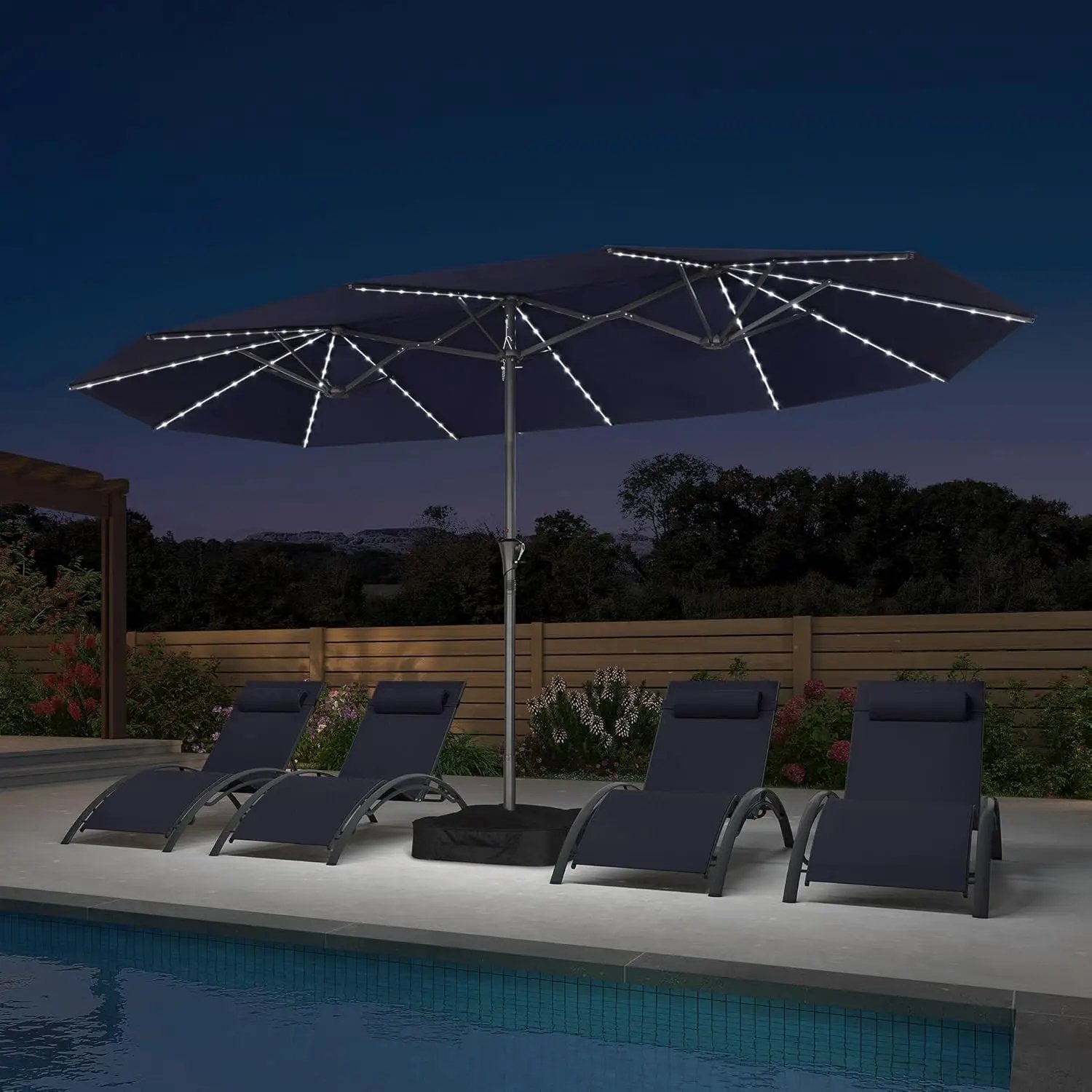 PURPLE LEAF 14ft Patio Umbrella with Solar Lights Outdoor Double-Side Market Umbrella with Base Included Rectangle Table Umbrella for Pool Garden Backyard, Navy blue by GreenHaven Gardens