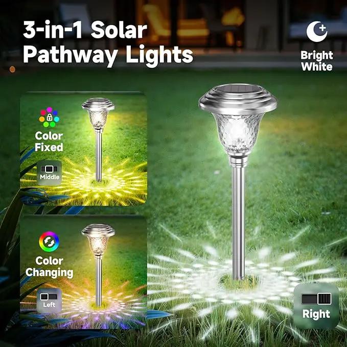 Beau Jardin 4 Pack Solar Pathway Lights Outdoor Stainless Steel Lights Solar Powered Waterproof Glass High Lumen Garden Landscape Path Yard Walkway Driveway Outside Color Changing Cool White Silver by GreenHaven Gardens