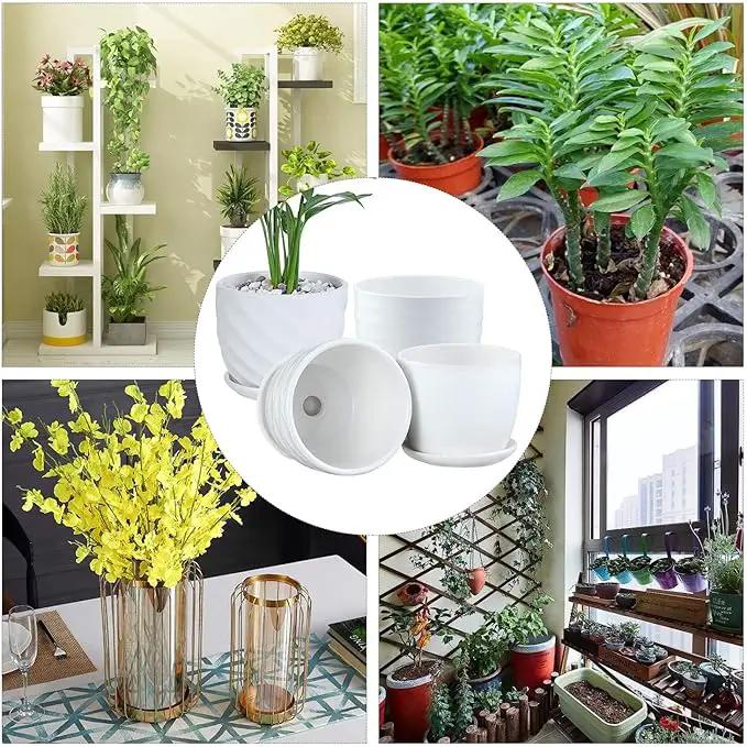 Plant Pots - 4.7 Inch Cylinder Ceramic Planters with Connected Saucer, Pots for Succuelnt and Little Snake Plants, Set of 4, White by GreenHaven Gardens