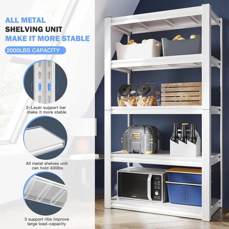 Raybee 5 Tier White Metal Heavy Duty Garage Shelving Unit 2000LBS Storage Shelves by GreenHaven Gardens