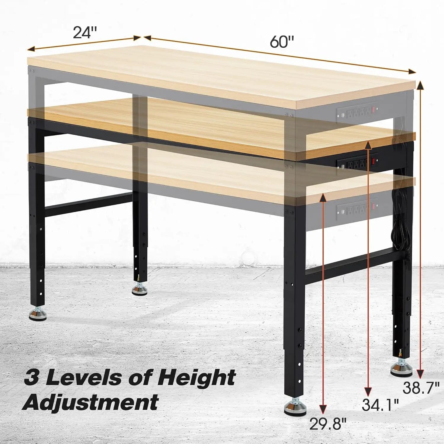 60” Adjustable Workbench，Heavy Duty Wood Work Bench 2000 Lbs Load Capacity,Work Table with Power Outlet for Garage, Workshop, Office, Home by GreenHaven Gardens